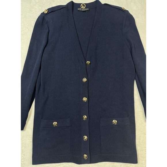 ST JOHN Cardigan Sweater Womens Large Blue Santana Knit Shoulder Padded Gold - Picture 1 of 8